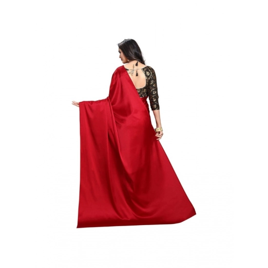 Generic Women's Satin Solid Saree With Unstitched Blouse 5.5Mtr (Red)