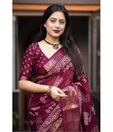Generic Women's Cotton Silk Printed Saree With Unstitched Blouse 5.5Mtr (Wine)