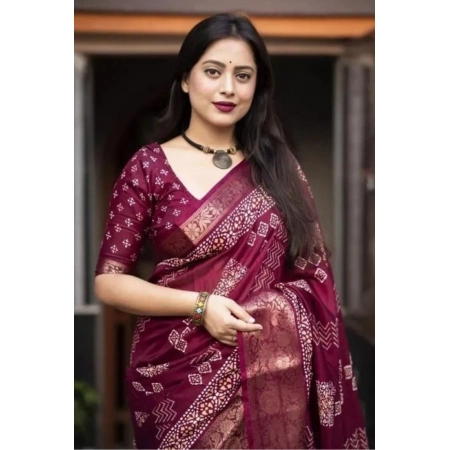 Generic Women's Cotton Silk Printed Saree With Unstitched Blouse 5.5Mtr (Wine)