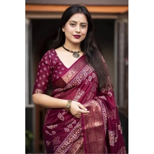 Generic Women's Cotton Silk Printed Saree With Unstitched Blouse 5.5Mtr (Wine)