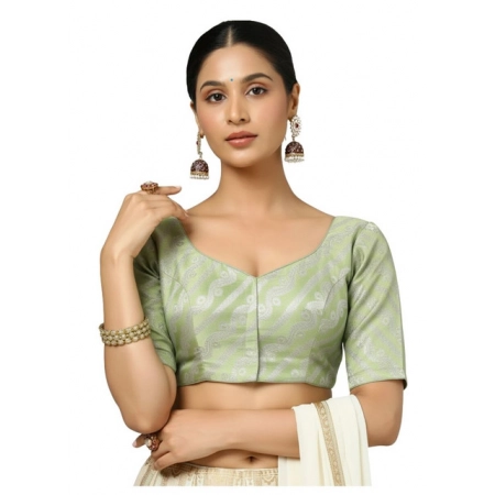 Generic Women's Jacquard Zari Round Neck Padded Blouse (Light Green 38 Ready (Self Alterable 36–40)
