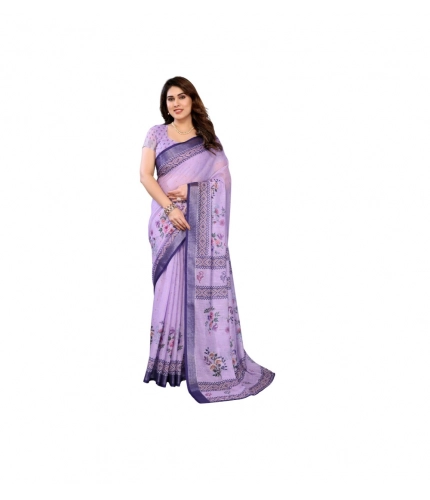 Generic Women's Linen Cotton  Printed Saree With Unstitched Blouse 5.5Mtr (Purple)
