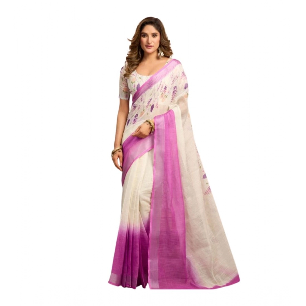 Generic Women's Linen Cotton Printed Ready To Wear Saree With Unstitched Blouse 5.5 Mtr (Off_White)
