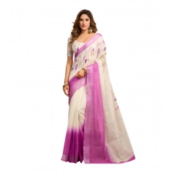 Generic Women's Linen Cotton Printed Ready To Wear Saree With Unstitched Blouse 5.5 Mtr (Off_White)