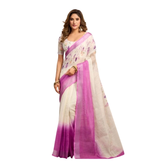 Generic Women's Linen Cotton Printed Ready To Wear Saree With Unstitched Blouse 5.5 Mtr (Off_White)