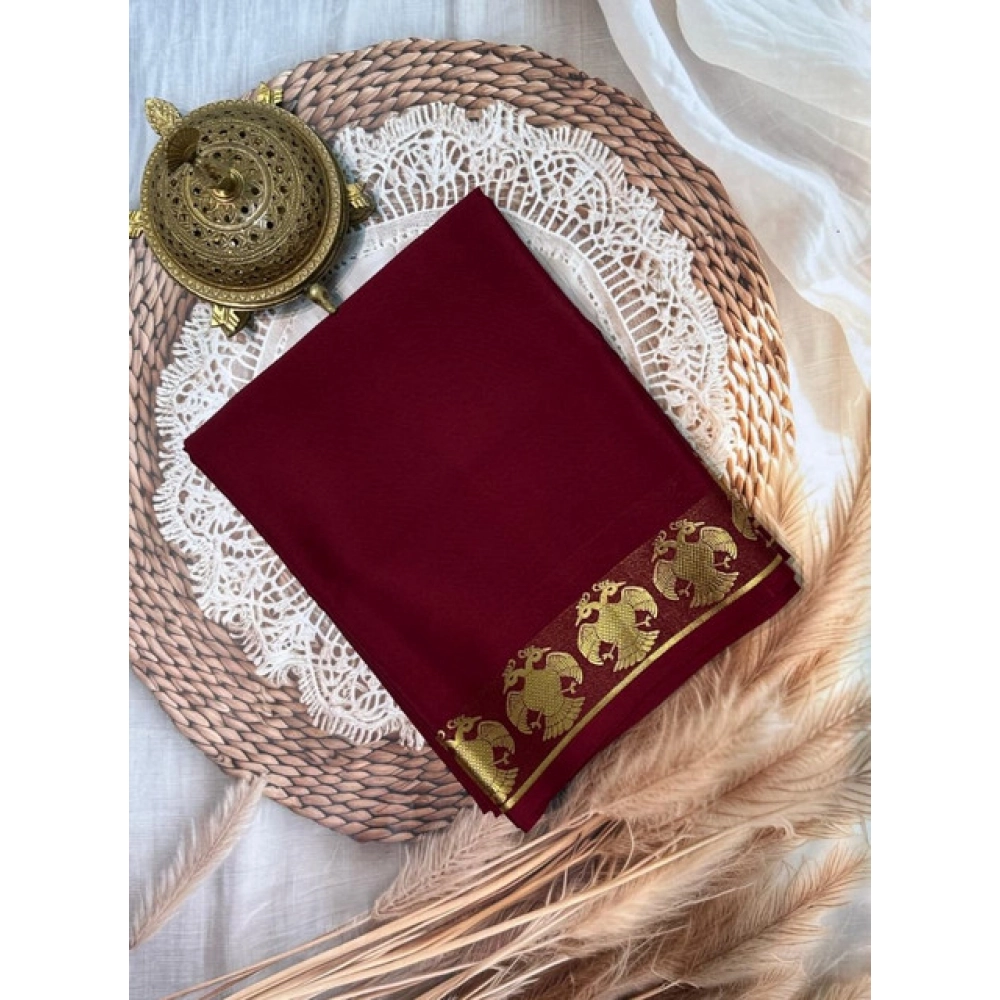 Generic Women's Crepe Chit Pallu Solid Saree With Unstitched Blouse 5.5Mtr (Maroon)