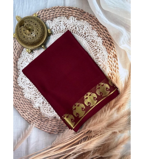 Generic Women's Crepe Chit Pallu Solid Saree With Unstitched Blouse 5.5Mtr (Maroon)