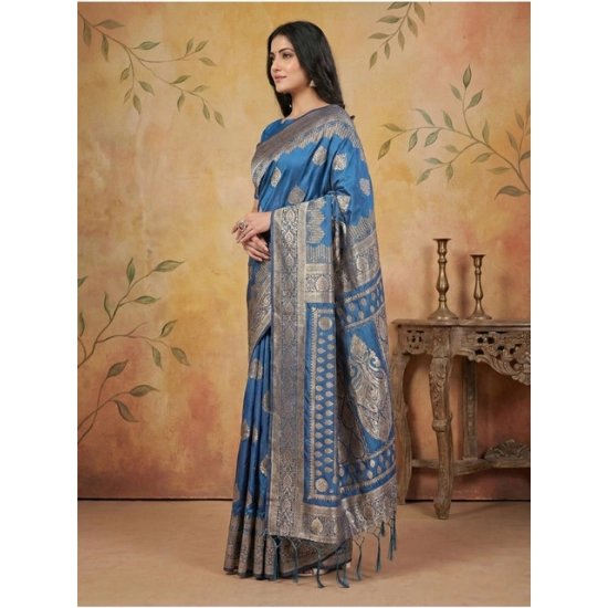 Generic Women's Silk Blend Printed Saree With Unstitched Blouse 5.5Mtr (Sky Blue)