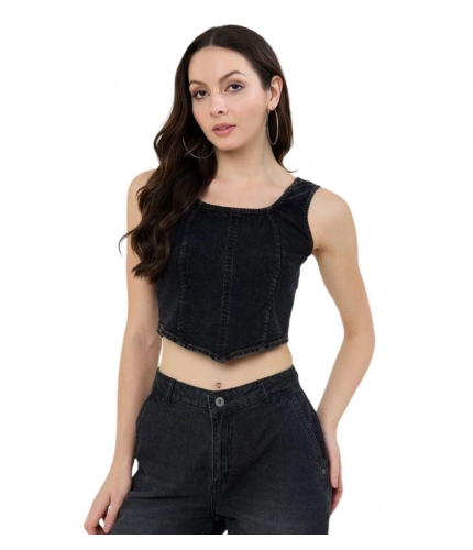 Generic Women's Denim Lycra Solid Sleeveless Top (Black)