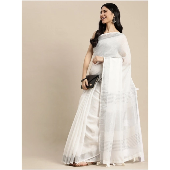 Generic Women's Linen Cotton Printed Saree With Unstitched Blouse 5.5Mtr (White)