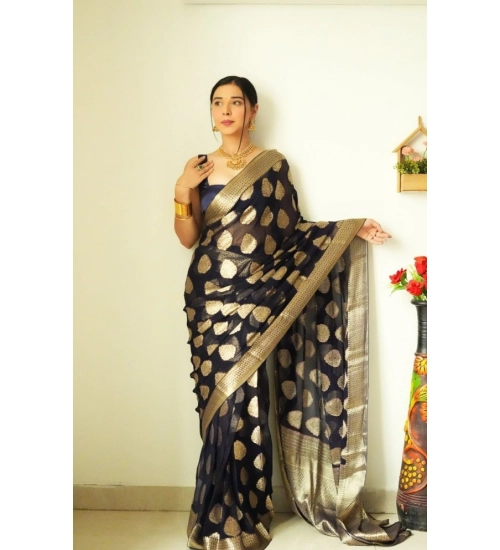Generic Women's Litchi silk Printed Saree With Unstitched Blouse (Black)