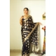 Generic Women's Litchi silk Printed Saree With Unstitched Blouse (Black)