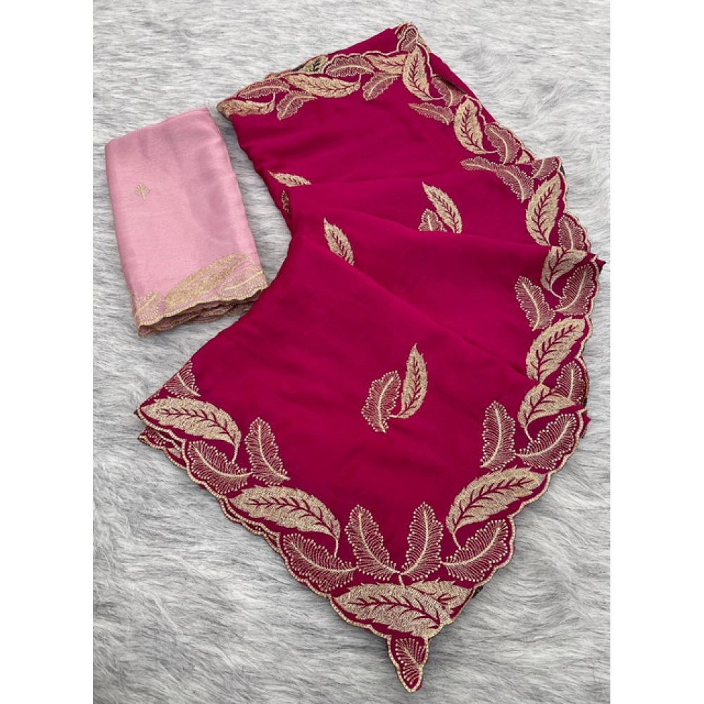Generic Women's Chiffon Embroidered Saree With Unstitched Blouse 5.5Mtr�(Pink)