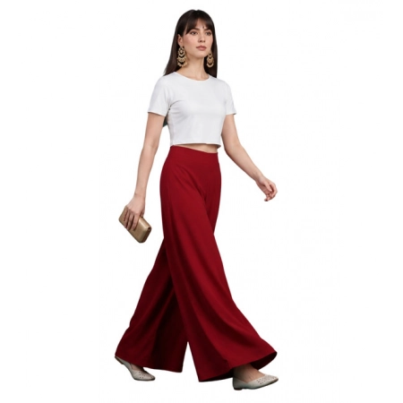 Generic Women's Georgette Solid Mid-Rise Wide Leg Flared Palazzo Pants with Elastic Waist (Maroon)