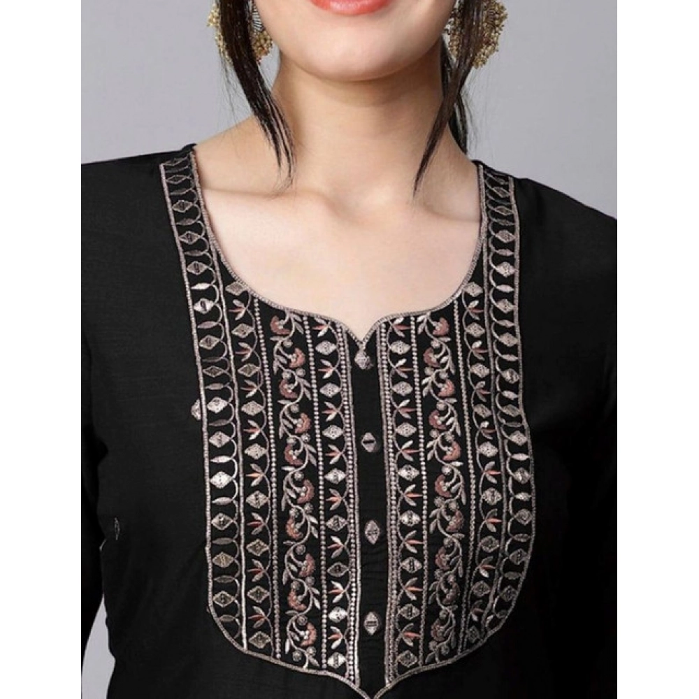Women's Tesla Silk Embroidered U-Neck Kurti With Pant Dupatta Set (Black)