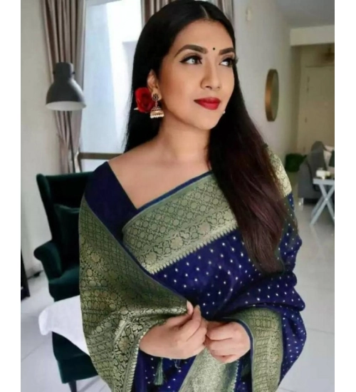 Generic Women's Litchi silk Printed Saree With Unstitched Blouse (Blue)