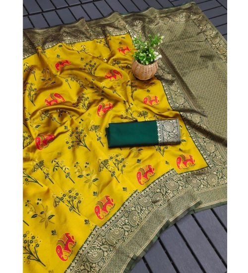 Generic Women's Soft Litchi Silk Jacquard Work Saree With Unstitched Blouse 5.5Mtr (Yellow)