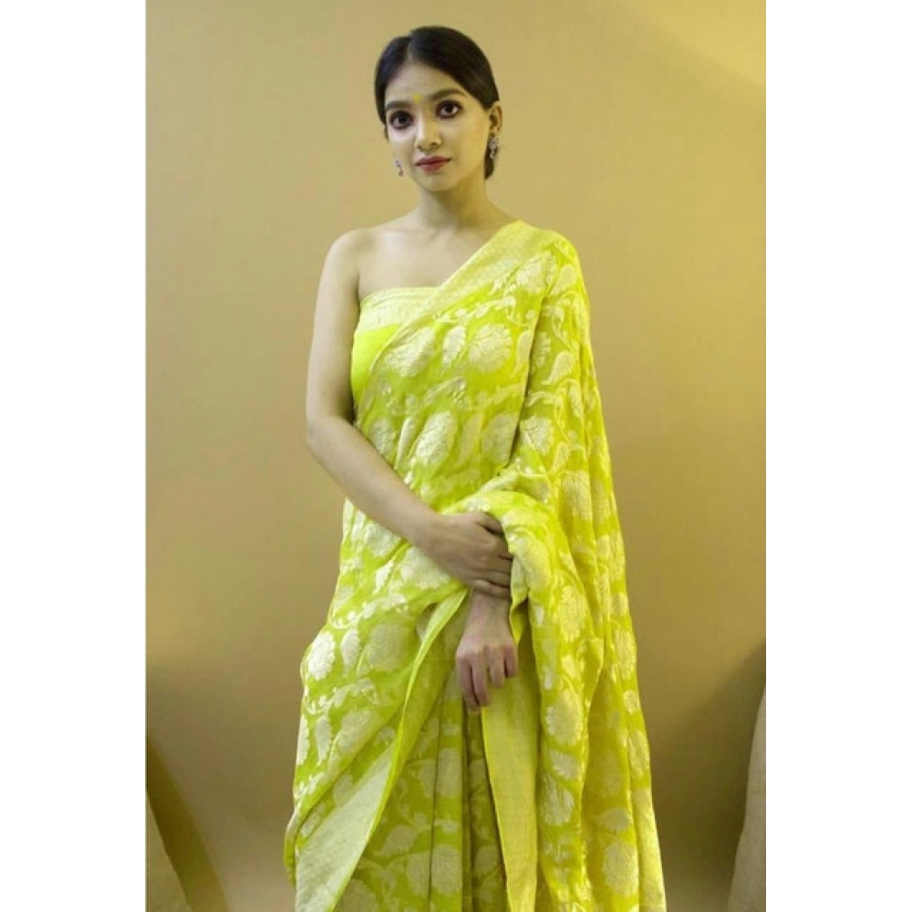 Generic Women's Soft Litchi Silk Jacquard Work Saree With Unstitched Blouse 5.5Mtr (Light Green)