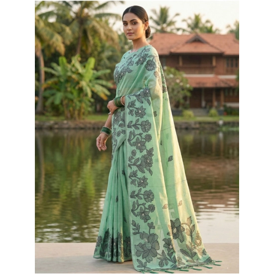Generic Women's Linen Cotton Printed Saree With Unstitched Blouse 5.5Mtr (Rama Green)