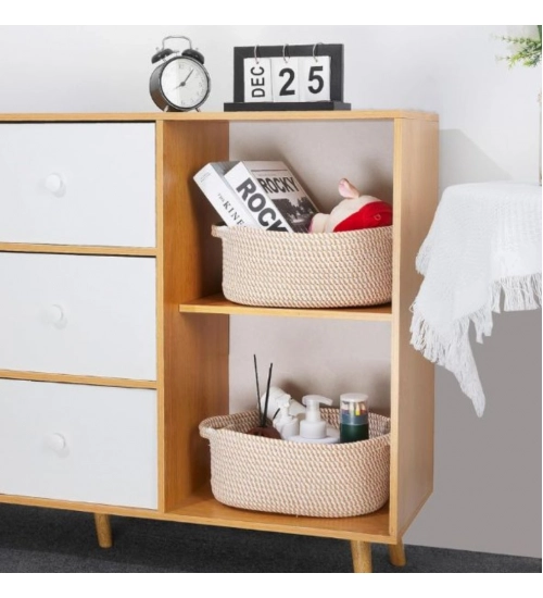 Generic Cotton 2 Pcs 10x7x4 Inch Oval Storage Basket For Clothes (Beige)