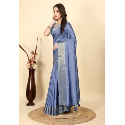 Generic Women's Cotton Blend Checkered Saree With Unstitched Blouse 5.5Mtr (Blue)