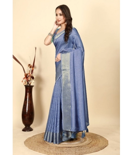 Generic Women's Cotton Blend Checkered Saree With Unstitched Blouse 5.5Mtr (Blue)