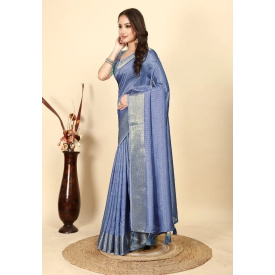 Generic Women's Cotton Blend Checkered Saree With Unstitched Blouse 5.5Mtr (Blue)