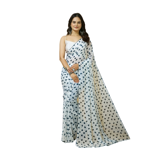 Generic Women's Georgette Printed Saree With Unstitched Blouse 5.5Mtr (White)