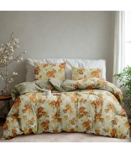 Generic Microfiber Floral Printed Double Bedsheet with 2 Pillow Covers (Beige)