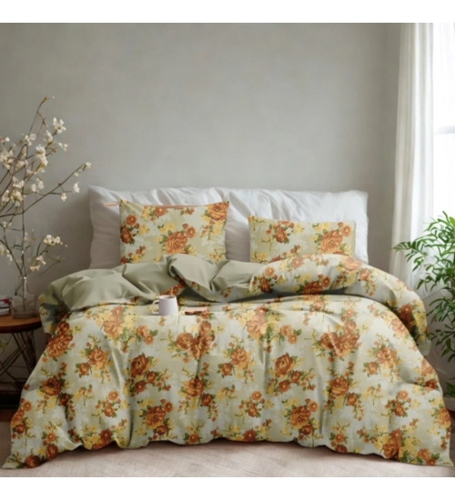 Generic Microfiber Floral Printed Double Bedsheet with 2 Pillow Covers (Beige)