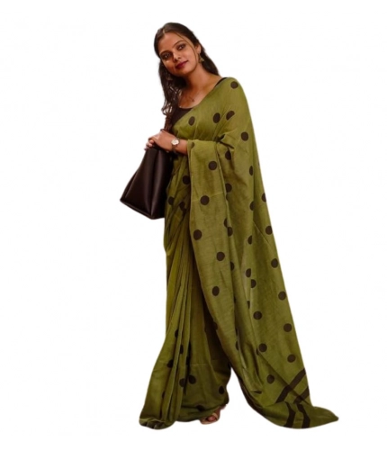 Generic Women's Linen Printed Saree With Unstitched Blouse 5.5Mtr (Green)