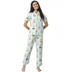 Generic Women's Cotton Blend Printed Short Sleeve Night Suit (Blue-Yellow)