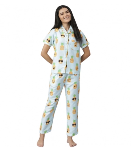 Generic Women's Cotton Blend Printed Short Sleeve Night Suit (Blue-Yellow)