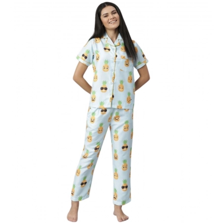 Generic Women's Cotton Blend Printed Short Sleeve Night Suit (Blue-Yellow)