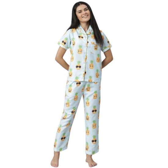 Generic Women's Cotton Blend Printed Short Sleeve Night Suit (Blue-Yellow)