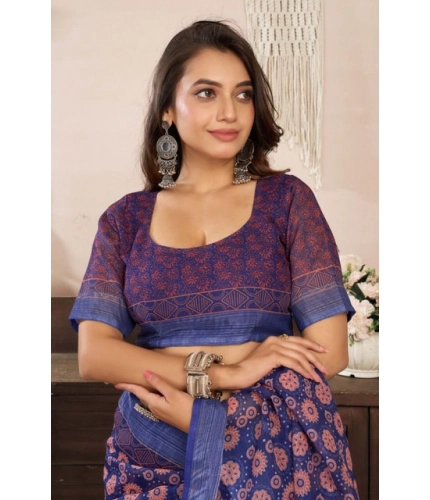 Generic Women's Faux Linen Floral Print Ready to wear Saree With Unstitched Blouse 5.5Mtr (Dark_NavyBlue)