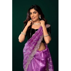 Generic Women's Net Sequence Saree With Unstitched Blouse 5.5Mtr (Lavender)