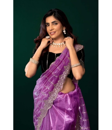 Generic Women's Net Sequence Saree With Unstitched Blouse 5.5Mtr (Lavender)