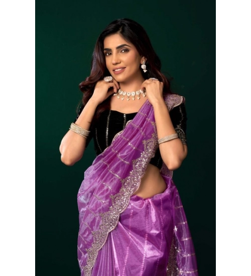 Generic Women's Net Sequence Saree With Unstitched Blouse 5.5Mtr (Lavender)
