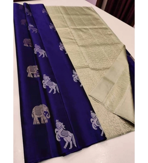 Generic Women's Litchi silk Printed Saree With Unstitched Blouse (Navy Blue With White)