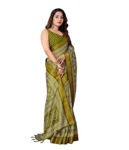 Generic Women's Cotton Silk Printed Saree With Unstitched Blouse 5.5Mtr (Green)