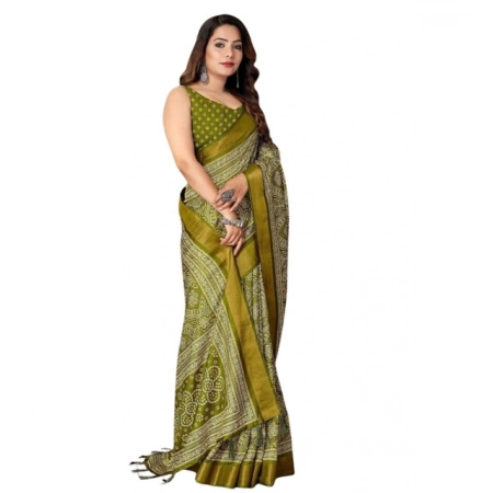 Generic Women's Cotton Silk Printed Saree With Unstitched Blouse 5.5Mtr (Green)