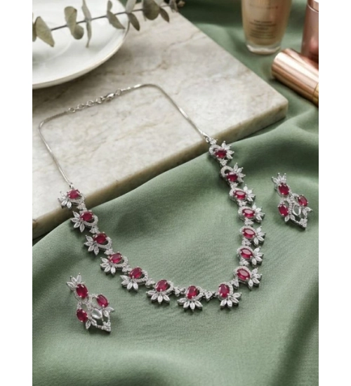 Generic Women's Brass Silver Plated Necklace set (Red)
