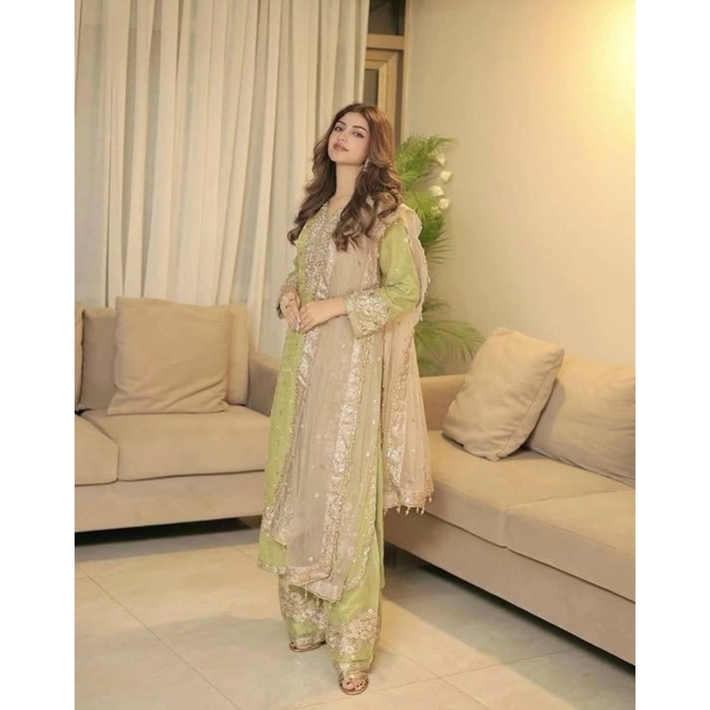Generic Women's Silk Embroidered 3/4th Sleeve Round Readymade Kurti With Palazzo Pant and Dupatta Set (Pista) Generic Women's Silk Embroidered 3/4th Sleeve Round Readymade Kurti With Palazzo Pant and Dupatta Set (Pista)