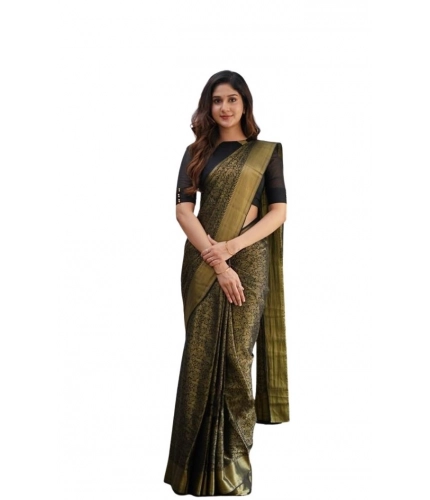 Generic Women's Soft Lichi Silk Printed Saree With Unstitched Blouse 5.5Mtr (Green)