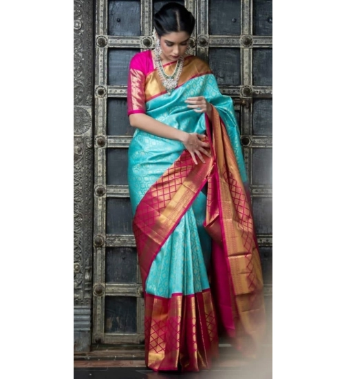 Generic Women's Soft Litchi Silk Jacquard Work Saree With Unstitched Blouse 5.5Mtr (Sky Blue)