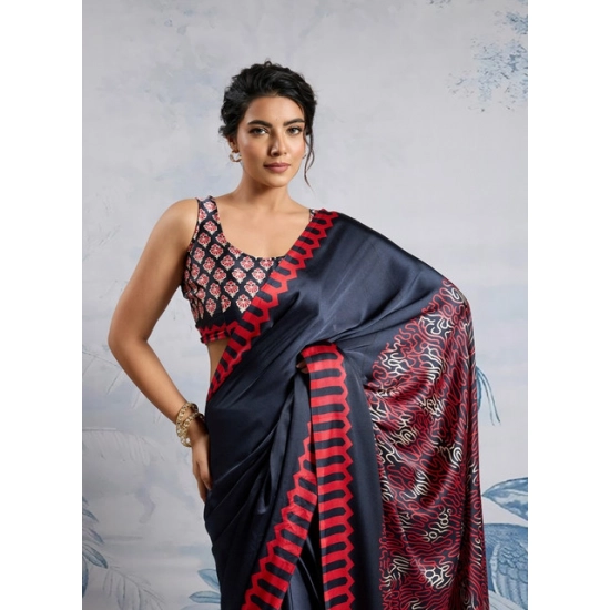 Generic Women's Satin Crepe Printed Saree With Unstitched Blouse 5.5Mtr (Navy Blue)