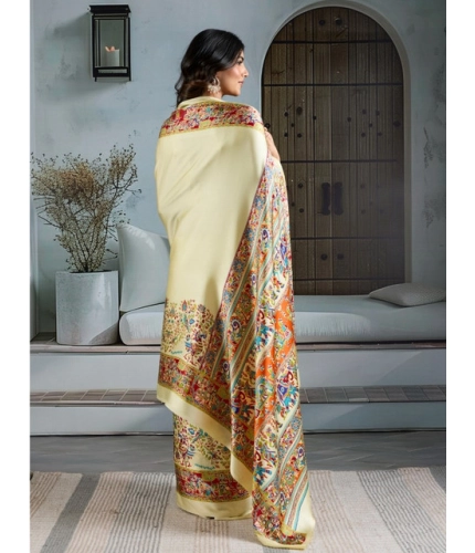 Generic Women's Satin Crepe Printed Saree With Unstitched Blouse 5.5Mtr (Cream)