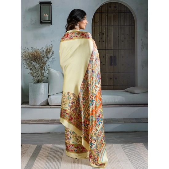 Generic Women's Satin Crepe Printed Saree With Unstitched Blouse 5.5Mtr (Cream)