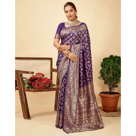 Generic Women's Jacquard Printed Saree With Unstitched Blouse 5.5Mtr (Purple)